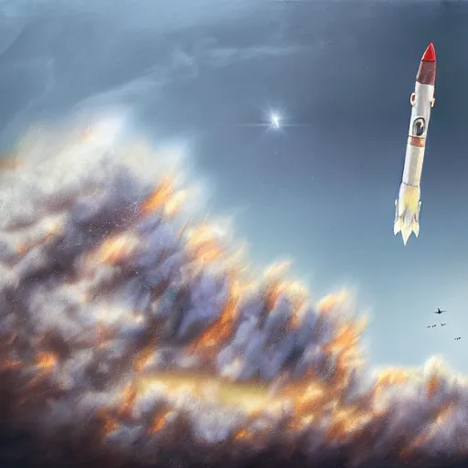 Prompt: illustration of a rocket taking off, realistic painting, high definition, digital art, matte painting, very detailed, realistic