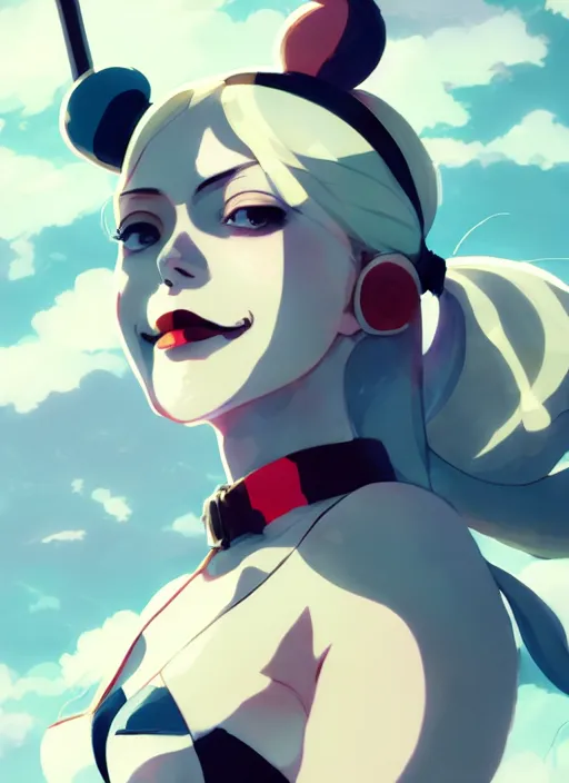 Image similar to portrait of harley quinn, cloudy sky background lush landscape illustration concept art anime key visual trending pixiv fanbox by wlop and greg rutkowski and makoto shinkai and studio ghibli