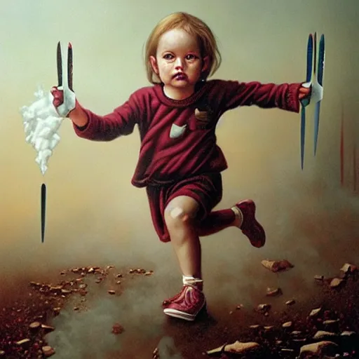 Image similar to a disappearing running child holding scissors in hand disappears evaporates dissolves into vapor, mist, smoke, blood drops and spatteer, a detailed matte painting by John Philip Falter and Jason Edmiston