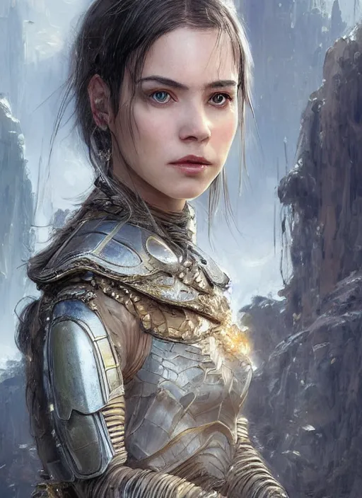 Image similar to a professional portrait of a beautiful young female, clothed in ethereal battle armor, olive skin, long dark hair, beautiful bone structure, symmetrical facial features, intricate, elegant, digital painting, concept art, smooth, sharp focus, finely detailed, illustration, from Valerian and the City of a Thousand Planets, in the style of Ruan Jia and Mandy Jurgens and Artgerm and Greg Rutkowski and William-Adolphe Bouguerea