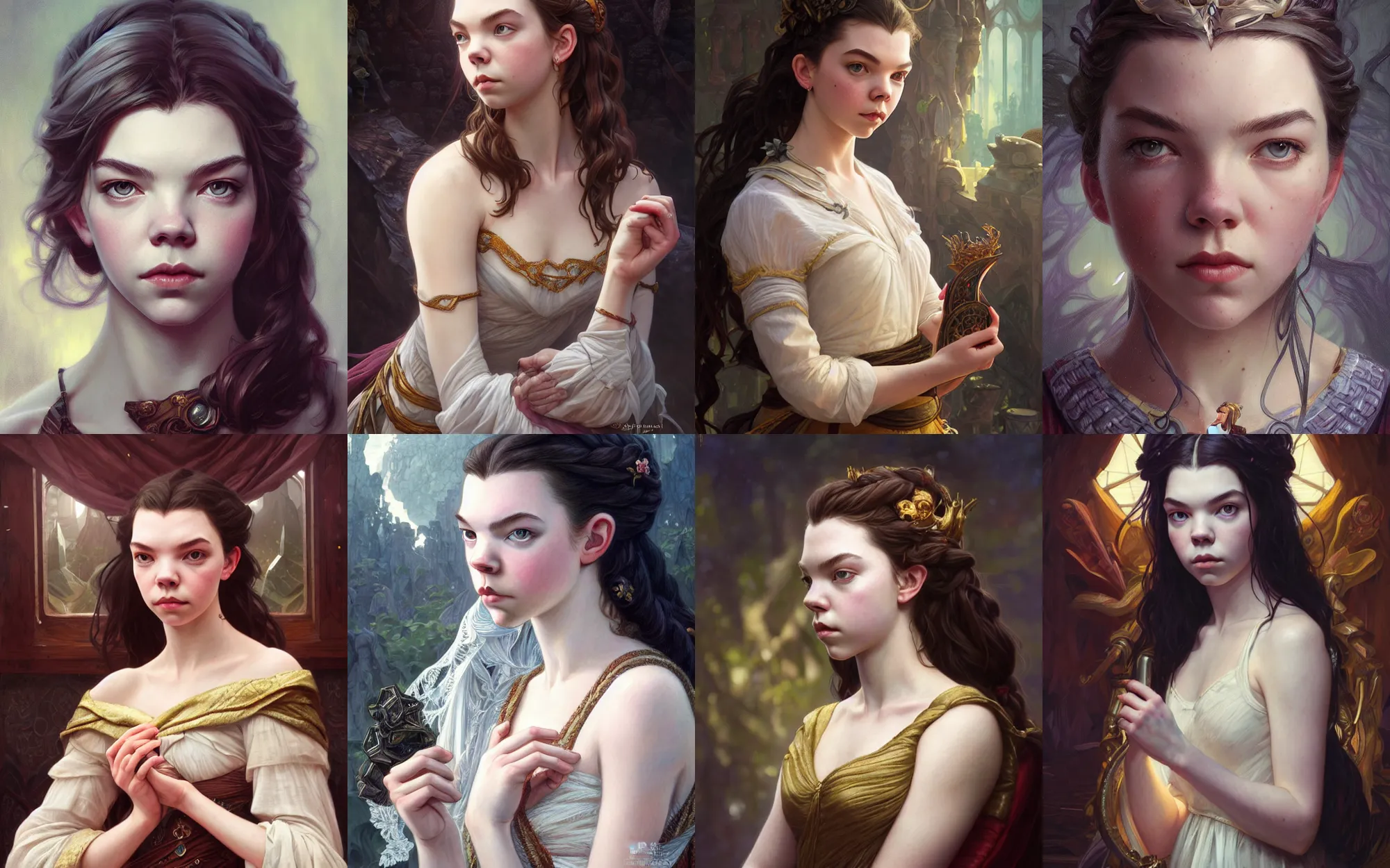 Prompt: emotional portrait of anya taylor - joy, deep focus, d & d, fantasy, intricate, elegant, highly detailed, digital painting, artstation, concept art, matte, sharp focus, illustration, hearthstone, art by artgerm and greg rutkowski and alphonse mucha