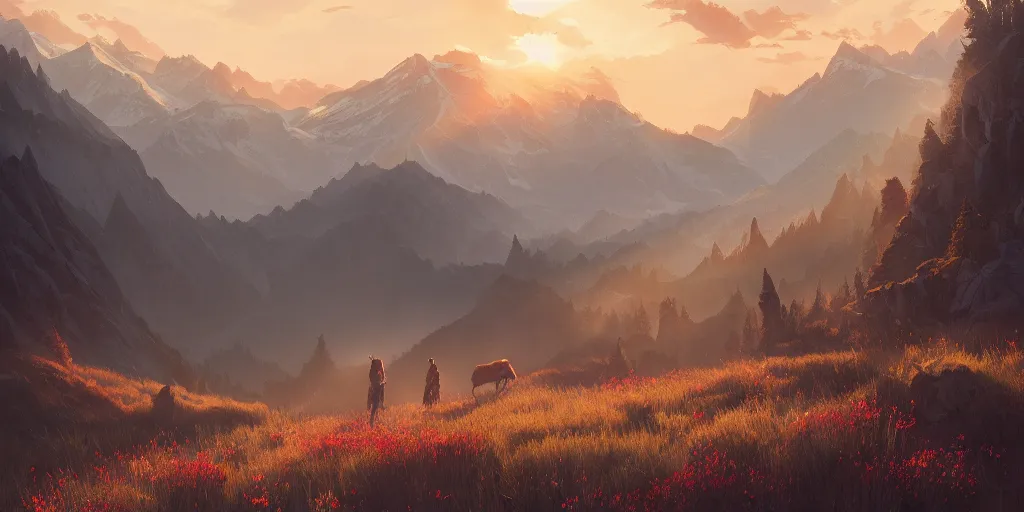 Prompt: first light, mountains, meadow, wildflowers, hear of elk, clouds, dramatic lighting, sunrise, by greg rutkowski and jeffrey smith, trending on artstation