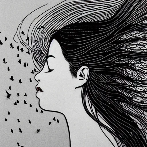 Prompt: murmuration of birds flowing from a young woman's hair, photorealistic, side profile, by audrey kawasaki and yoshitaka amano and georgia okeeffe, moody lighting, black and white illustration, beautiful, sharp, detailed