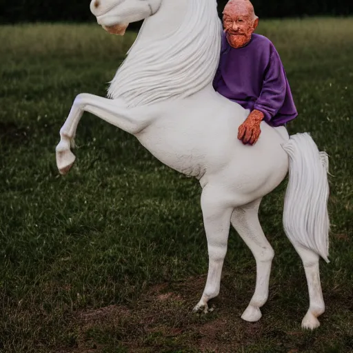 Prompt: An elderly man riding a unicorn, Canon EOS R3, f/1.4, ISO 200, 1/160s, 8K, RAW, unedited, symmetrical balance, in-frame