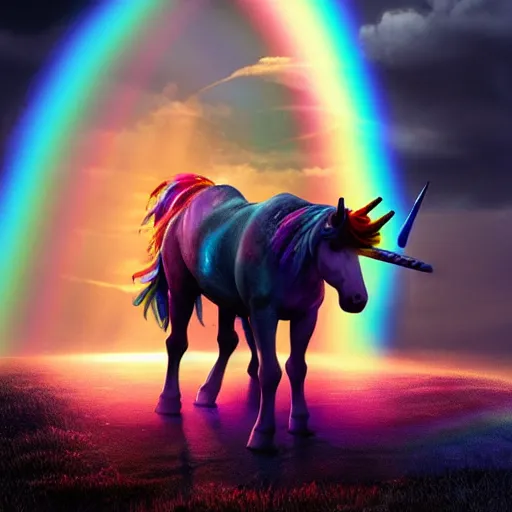 Image similar to a unicorn standing on its back legs, rainbow in the background, dramatic lighting, cinematic, establishing shot, extremely high detail, photo realistic, cinematic lighting, post processed, concept art, artstation, matte painting, style by eddie mendoza, raphael lacoste, alex ross