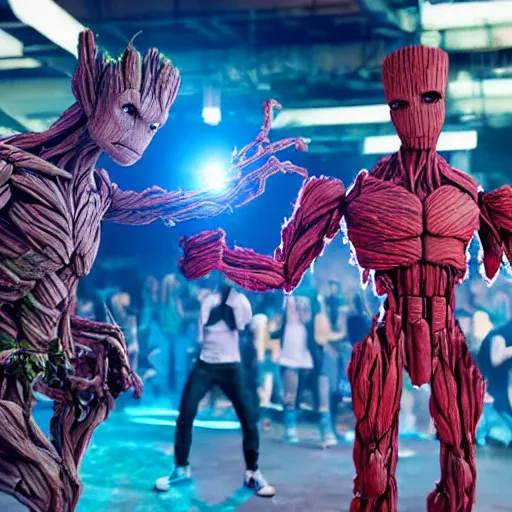 Image similar to groot and optimus prime dancing at techno party among people, wide shoot, after effect, ultra realistic