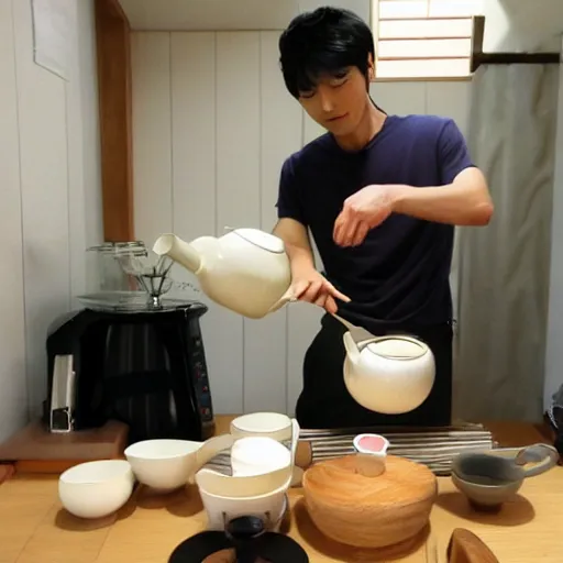 Prompt: handsome japanese man making tea