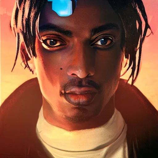 Image similar to cyberpunk, closeup portrait of a playboi carti, dramatic light, city background, sunset, dystopian setting, high contrast, sharp, neuromancer, henry dorsett case, painted by stanley lau, painted by greg rutkowski, painted by stanley artgerm, digital art, trending on artstation