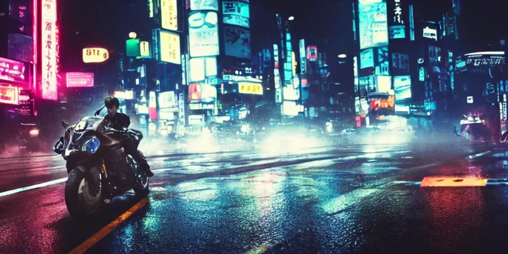 Image similar to a single sport bike, speeding down tokyo highway in the rain, night time, neon lights, thunderstorm, movie still from the film bladerunner