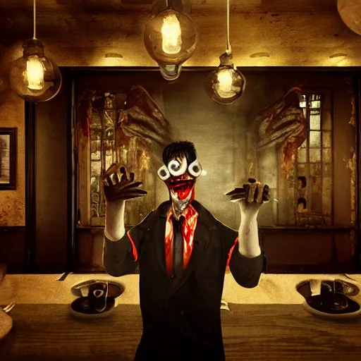 Image similar to waiter angry zombie, detailled portrait, restaurant interior, feeling of grimdark horror, daytime, high contrast, ultra intricate detailed, octane render, unreal engine, style of a dusk falls