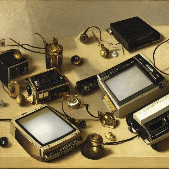 Prompt: still life painting of a retro electronics by pieter claesz, oil on canvas, strong lighting, highly detailed, hyper realism, golden hour, god rays, hd, 4 k