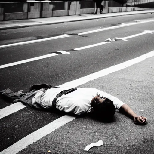 Image similar to a man laying lifeless on the road of a big city, photography,