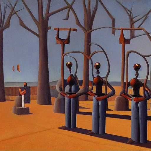 Image similar to robot druids in a grand processional, grant wood, pj crook, edward hopper, oil on canvas