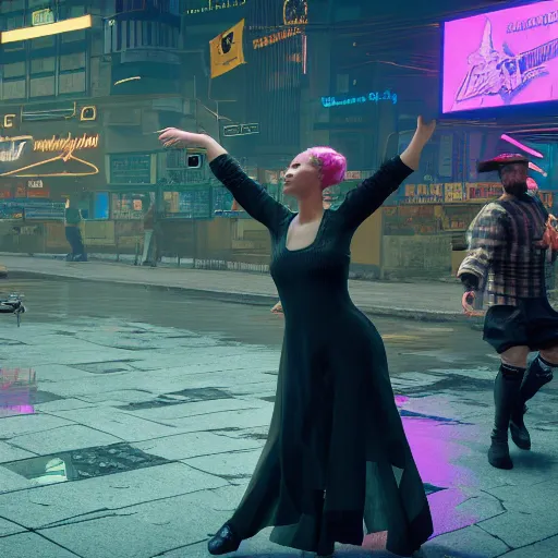 Image similar to Dancing mennonite. Cyberpunk 2077. CP2077. 3840 x 2160