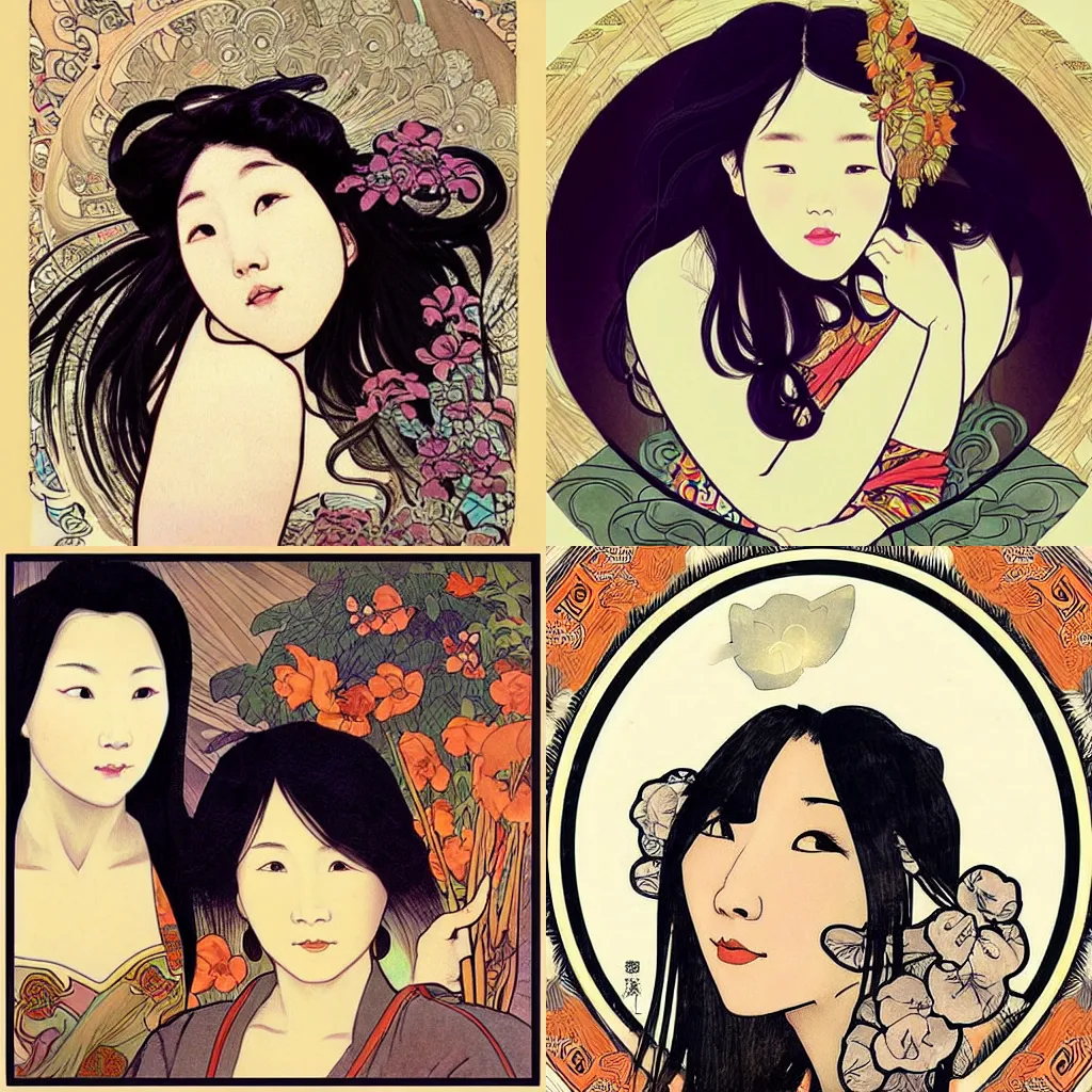 Prompt: “ dreamy Chinese women with flowing black hairs looking surprised, in the style of Alphonse Mucha and Stan Lee .”