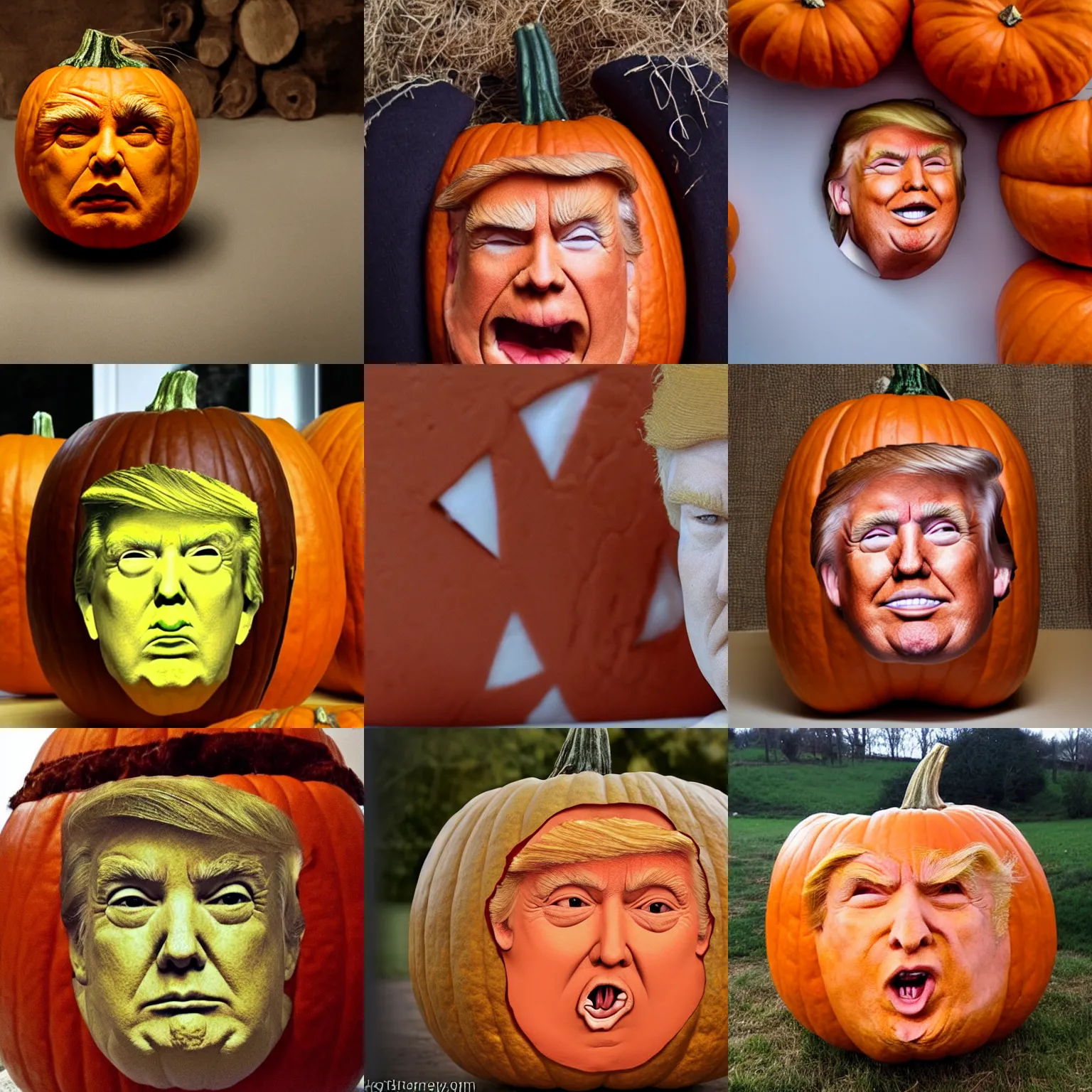 Prompt: donald trump face inside a pumpkin, pumpkin skin, messy hair, face, pumpkin