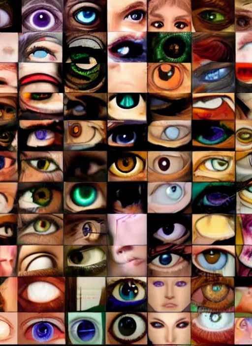 Prompt: diverse eyes!, dot pupils, sperical iris, macro, advanced art, art styles mix, from wikipedia, grid of styles, various eye shapes