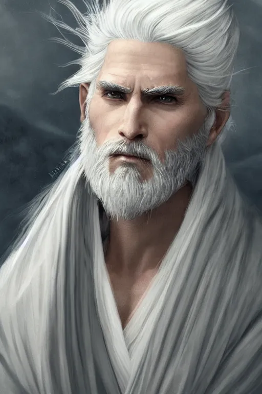 Image similar to white haired robe fu xi full male front body portrait, distant view, very long white beard and hair, long hair shawl, fine kindness delicate prefect face features gaze, piercing eye, elegant, style of tom bagshaw, cedric peyravernay, peter mohrbacher, victo nga, 4 k hd illustrative wallpaper, animation style, chinese style