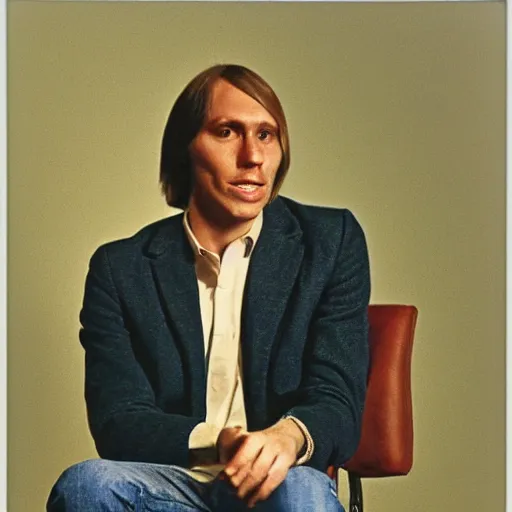 Image similar to A photograph portrait of Jerma985 with short-medium length hair a combover wearing early 1970s menswear in the early 1970s, taken in the early 1970s, grainy, taken on a 1970s Polaroid Camera, realistic, hyperrealistic, very realistic, highly detailed, very detailed, extremely detailed, detailed, digital art, trending on artstation, colorized photo