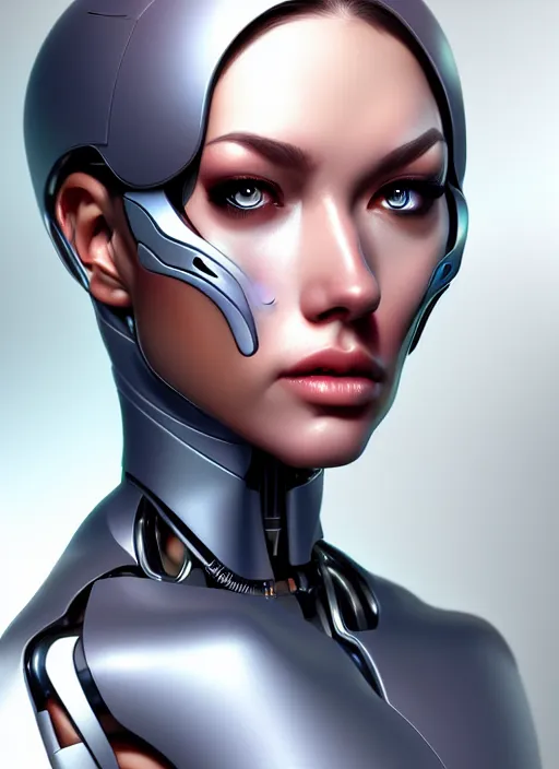 Prompt: portrait of a cyborg woman by Artgerm (face in profile +20), biomechanical, hyper detailled, trending on artstation
