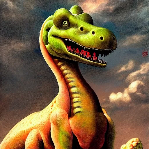 Prompt: An ultra realistic portrait painting of Yoshi the Dinosaur wearing his saddle in the style of Frank Frazetta, 4k, Ultrarealistic, Highly Detailed, Dark Fantasy, Epic Lighting