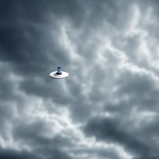 Prompt: high - angle view, from 1 0 0 0 feet in distance, vague uap interstellar vehicle on top of dramatic moody clouds in the sky, muted pearlescent color. minimalist, detailed. ue 5