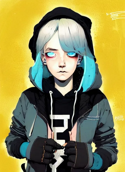 Image similar to highly detailed portrait of a city punk lady student, blue eyes, hoodie, white hair by atey ghailan, by greg rutkowski, by greg tocchini, by james gilleard, by joe fenton, by kaethe butcher, gradient yellow, black, brown and cyan blue color scheme, grunge aesthetic!!! ( ( graffiti tag wall background ) )