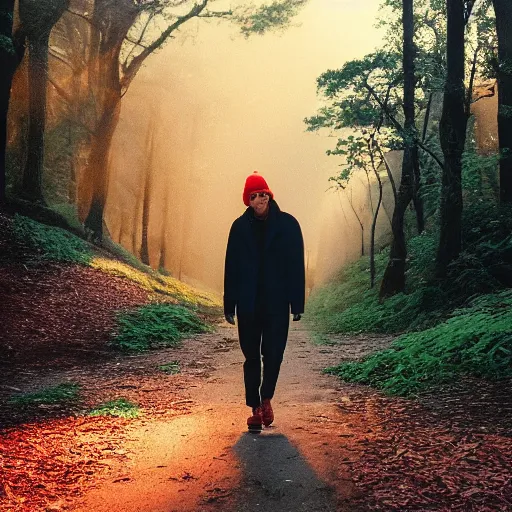 Image similar to 1 9 9 0 s candid 3 5 mm photo of a beautiful forest in tokyo, cinematic lighting, cinematic look, golden hour, the clouds are epic and colorful with cinematic rays of light, a man walks down the center of the forest with a beanie on, photographed by petra collins, uhd