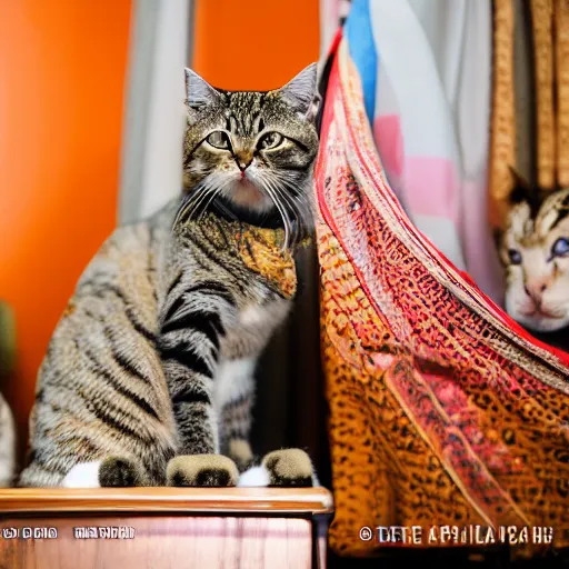 Prompt: cat sitting over a podium addressing india, ani, sony a 7 r