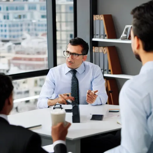 Prompt: photo of a lawyer talk to his customers in his office.