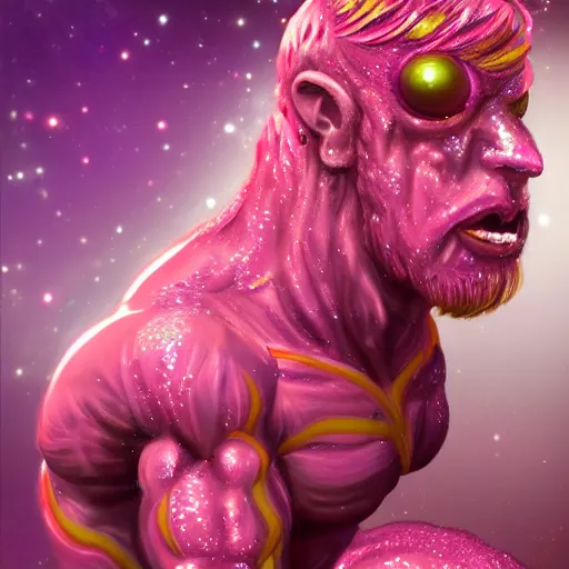 Prompt: glittery saturated pink muscular cyclops creature monster with sparkles photo 4k