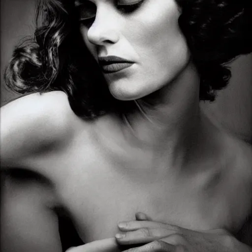 Prompt: photo of a noir femme fatale, photo by annie leibovitz