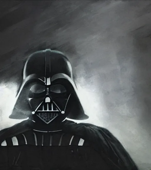 Image similar to black-and-white portrait of Darth Vader by Craig Mullins; extraordinary-masterpiece; realistic-lighting