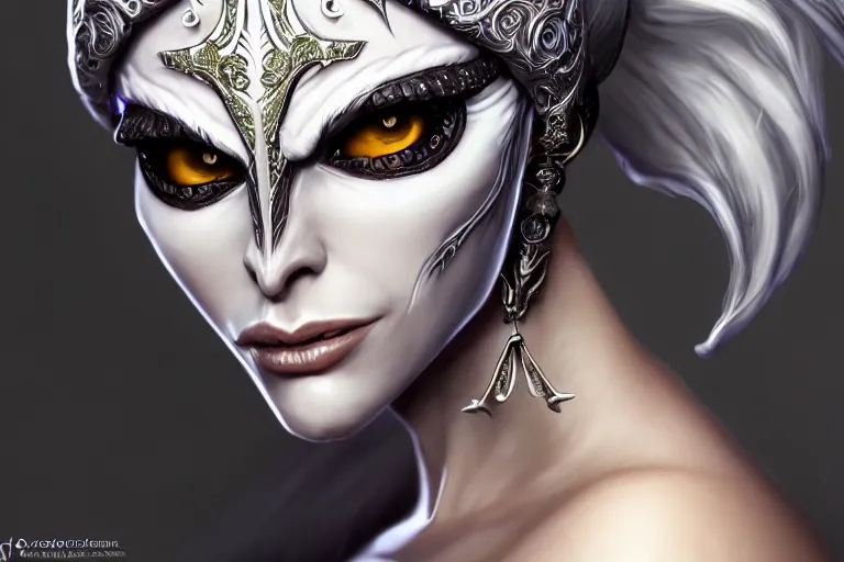 Image similar to a full portrait of a beautiful woman wearing, wearing extremely detailed attire, slim complexity, extremely detailed white eyes, medievil, dnd, extremely detailed, high quality, trending on artstation, photo realistic