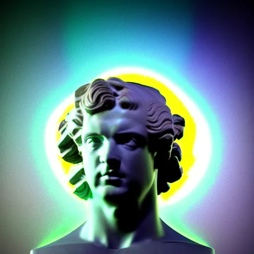 Image similar to 3 d sci - fi cgartist double exposure ambient occlusion rendering of a hyper realistic marble greek statuary bust floating in space, at the vast pulsating interdimensional fractal space portal at the psychedelic vaporwave ombre event horizon by chris moore, by edward hopper, by col price, trending on artstation