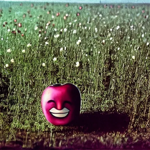 Prompt: a 1 9 7 7 beautiful woman and a 3 d rendering of a smiley apple in a meadow, color film still 1 9 7 7, tarkovsky