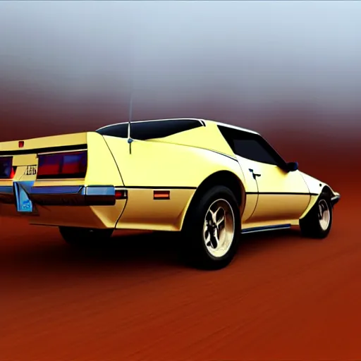 Prompt: Hyperdetailed, photorealistic photograph of a 1982 Pontiac Firebird Trans-Am driving in the desert, rain, night, dense fog, HD, unreal engine 5