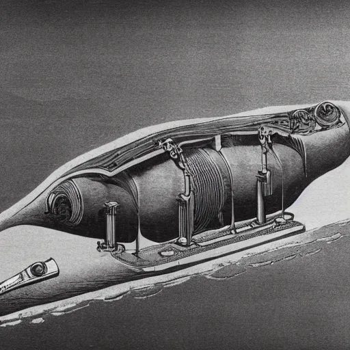 Image similar to cross section of a mechanical steam powered submarine made from sandstone