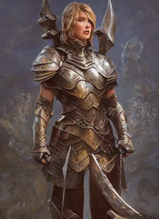 Image similar to portrait of rachel welch as a legendary knight warrior, hyper detailed, digital art, trending in artstation, cinematic lighting, studio quality, smooth render, unreal engine 5 rendered, octane rendered, art style by klimt and nixeu and ian sprigger and wlop and krenz cushart.