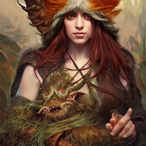 Prompt: dnd character concept portrait, angry elf druid with tamed ox pet, detailed, high quality, dynamic lighting, fantasy, artwork by artgerm, wlop, alex ross, greg rutknowski, alphonse mucha