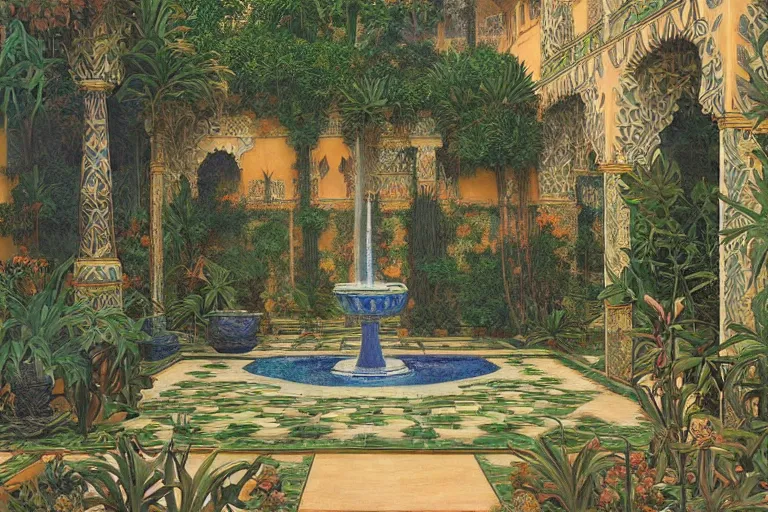 Image similar to painting of a beautiful moorish palace courtyard garden, by donato giancola and maxfield parrish and evelyn de morgan, patterned tilework, palm trees, tiled fountains, extremely detailed, cinematic lighting, smooth sharp focus