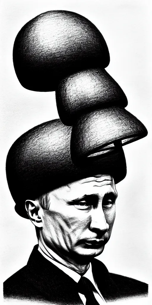 Image similar to vladimir putin with a nuclear mushroom cloud ushanka, cartoonish, ultra detailed pencil drawing