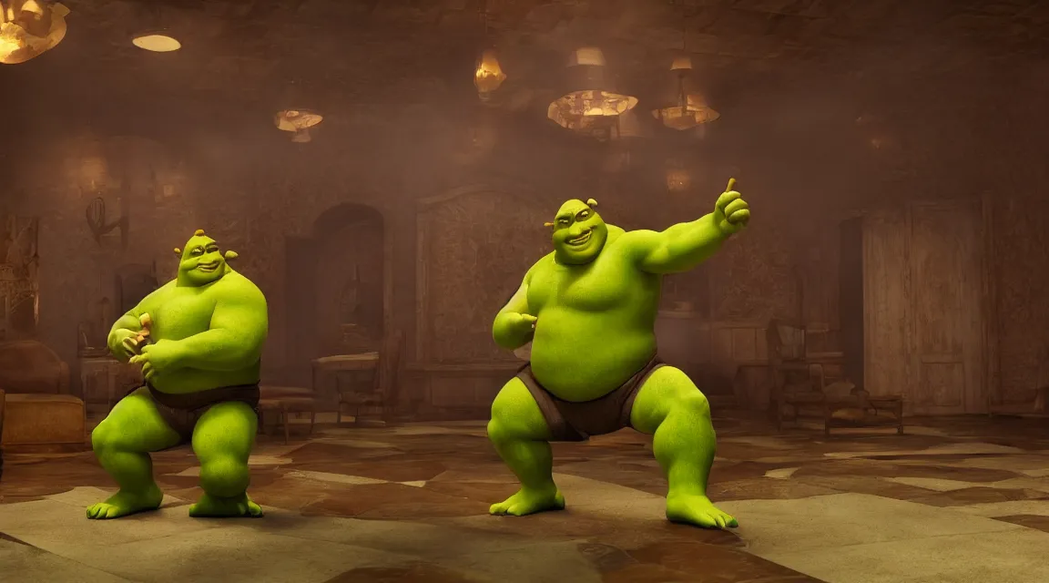 Image similar to Shrek tearing up a hotel room, octane render, epic composition, cinematic lighting, screenshot from pulp fiction