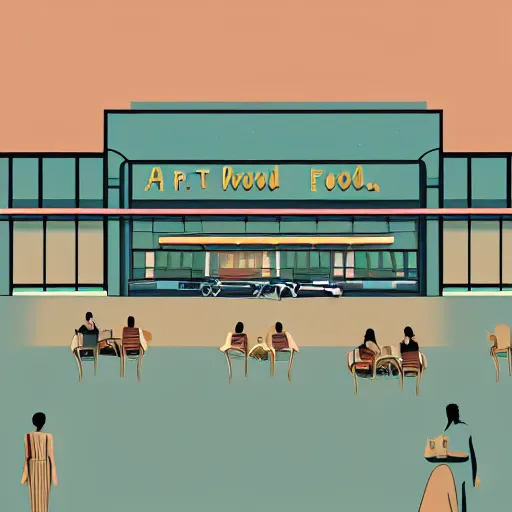 Image similar to art deco illustration of a mall food court in pastel colors