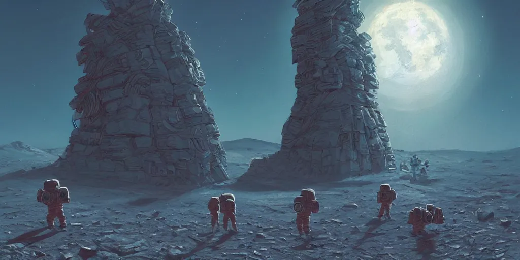 Image similar to a beautiful artwork illustration, astronauts discover a monolith on the moon, by rutkowski and stalenhag, featured on artstation