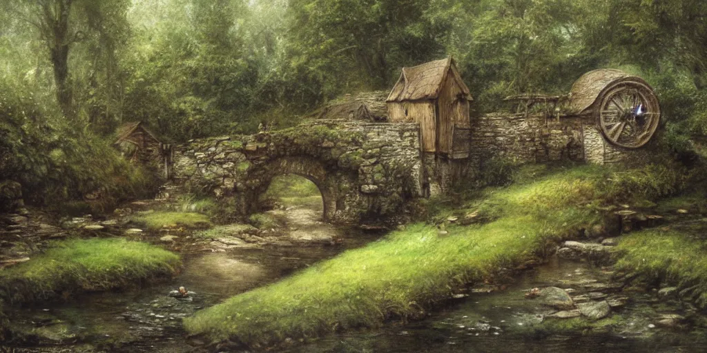 Image similar to a small serene fantasy village on the edge of the woods, small stream, water wheel, by alan lee, lord of the rings, smooth, detailed terrain, oil painting, matte painting, concept art, trending on artstation