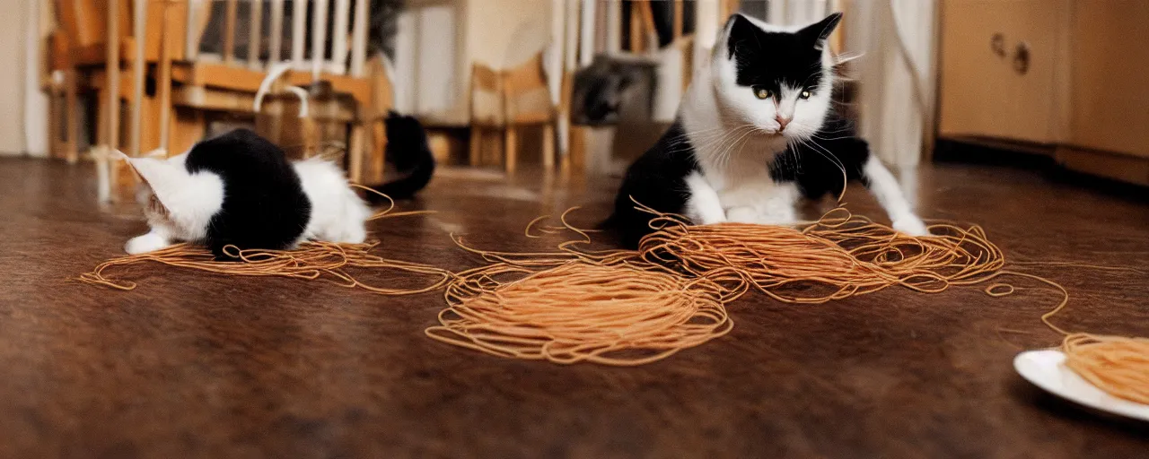 Image similar to 1 single cat playing with spaghetti in an apartment, small details, intricate, sharply focused, canon 5 0 mm, wes anderson film, kodachrome