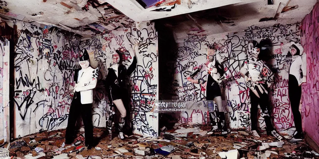 Image similar to polymer coneheads French band photoshoot inside abandoned dollhouse, 1980s surrealism aesthetic, detailed facial expressions, graffiti on the walls and ceiling