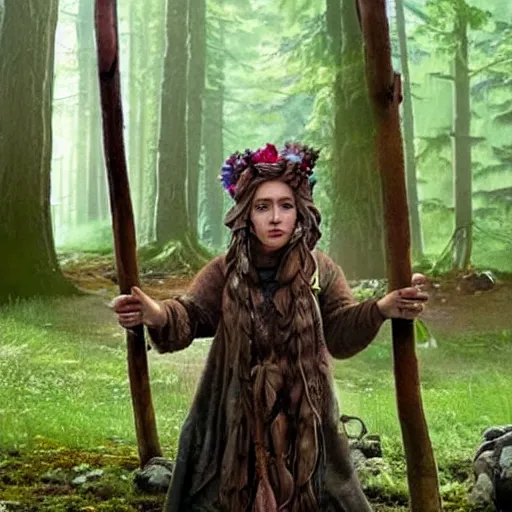 Image similar to deep gnome druid with leather clothing and leaves and sticks in her hair, photo from the movie midsommar