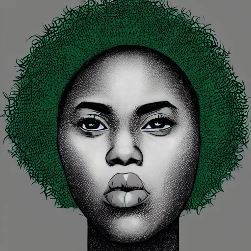 Image similar to portrait of black woman wearing a green t shirt studio ghibli, deviantart, medium shot, symmetrical, intricate, elegant, matte painting, illustration, newspaper